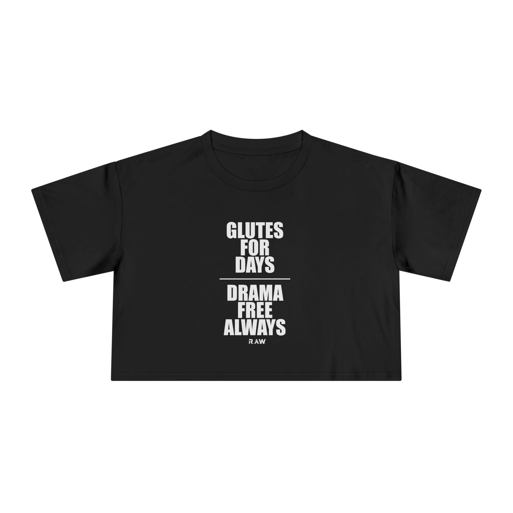 Black t-shirt with white text on a white background