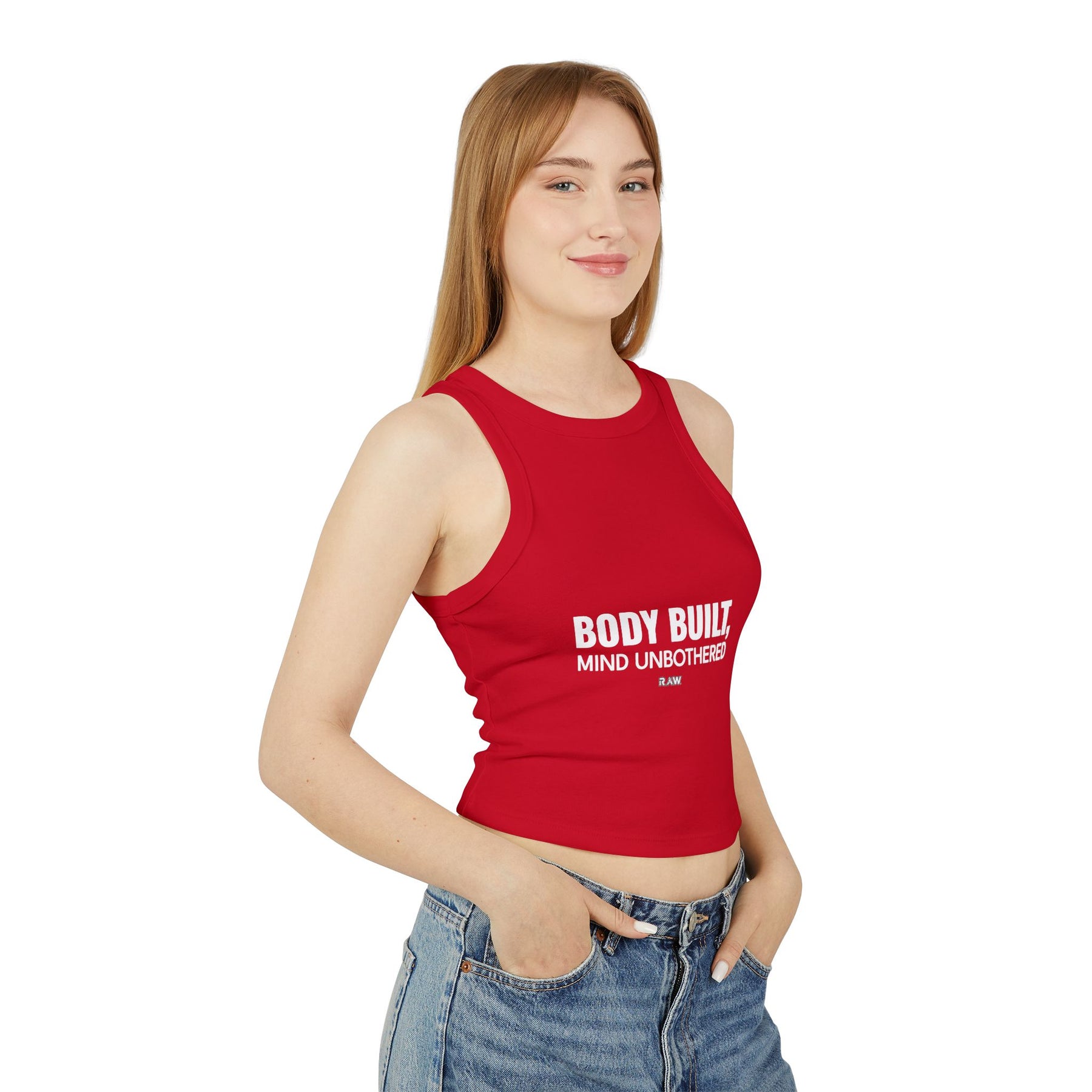 Body Built, Mind Unbothered. Women's Micro Rib Racer Tank Top