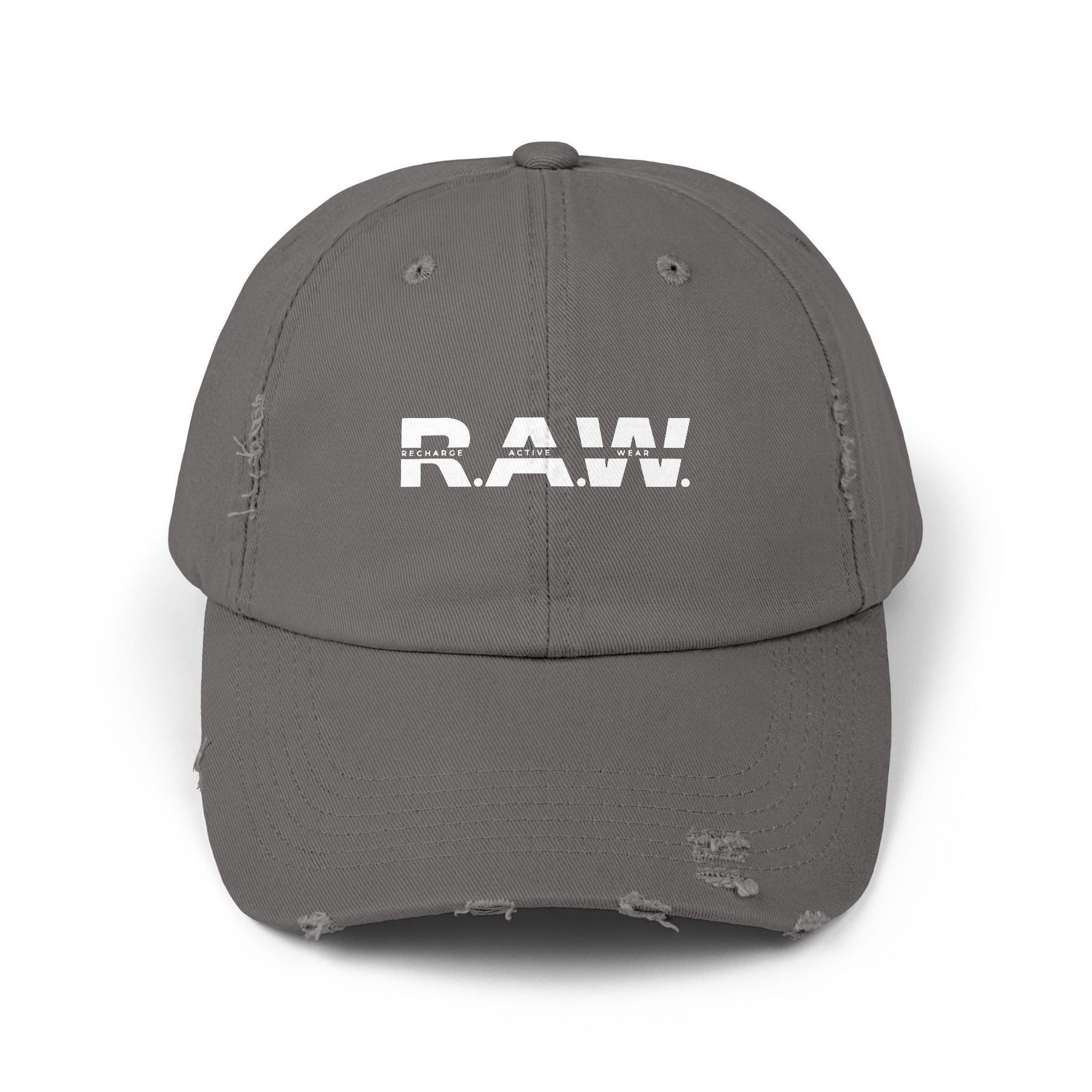 Gray cap with 'R.A.W.' logo on a white background