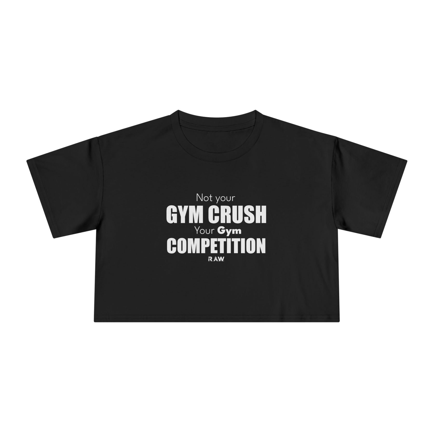 Black t-shirt with white text on a white background